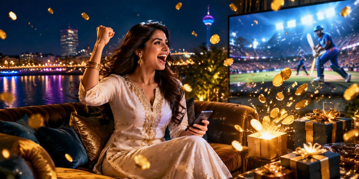 Elegant Indian woman enjoying mobile betting experience by Ahmedabad riverfront