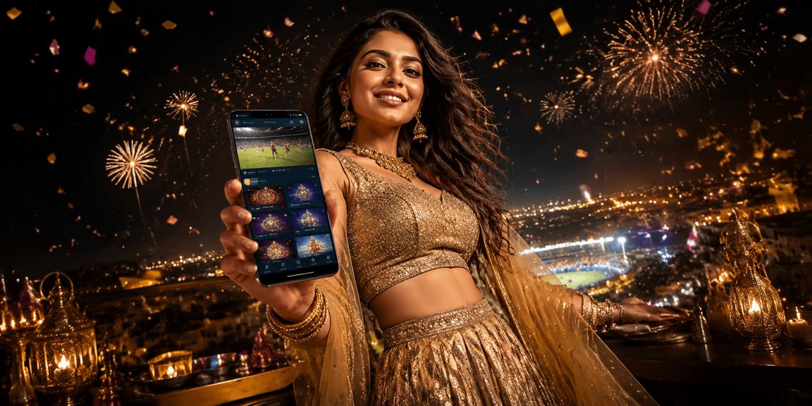 Woman playing live casino games on mobile device with vibrant lehenga background